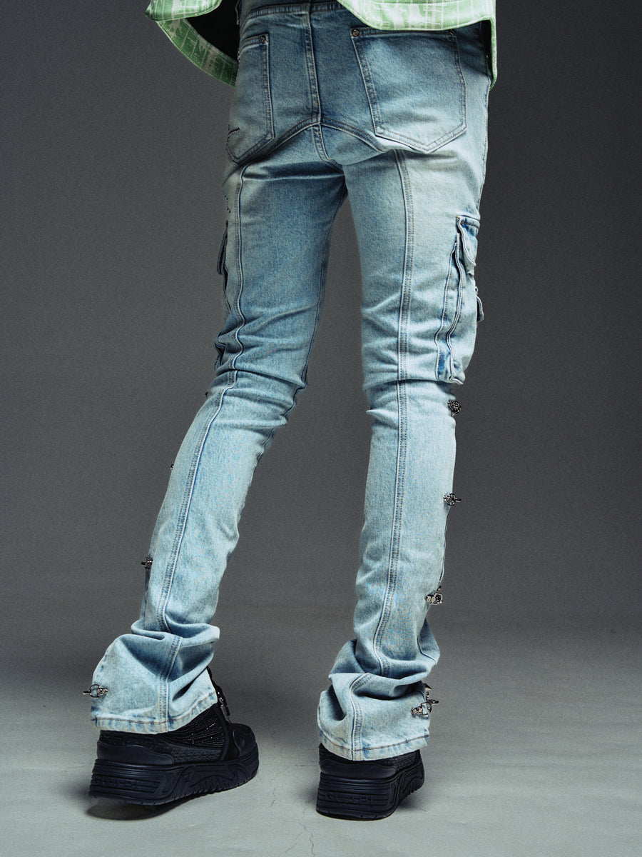 Aqua Blue Spikes Cargo Denim