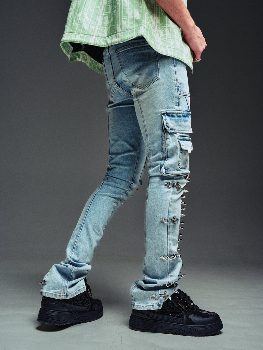 Aqua Blue Spikes Cargo Denim