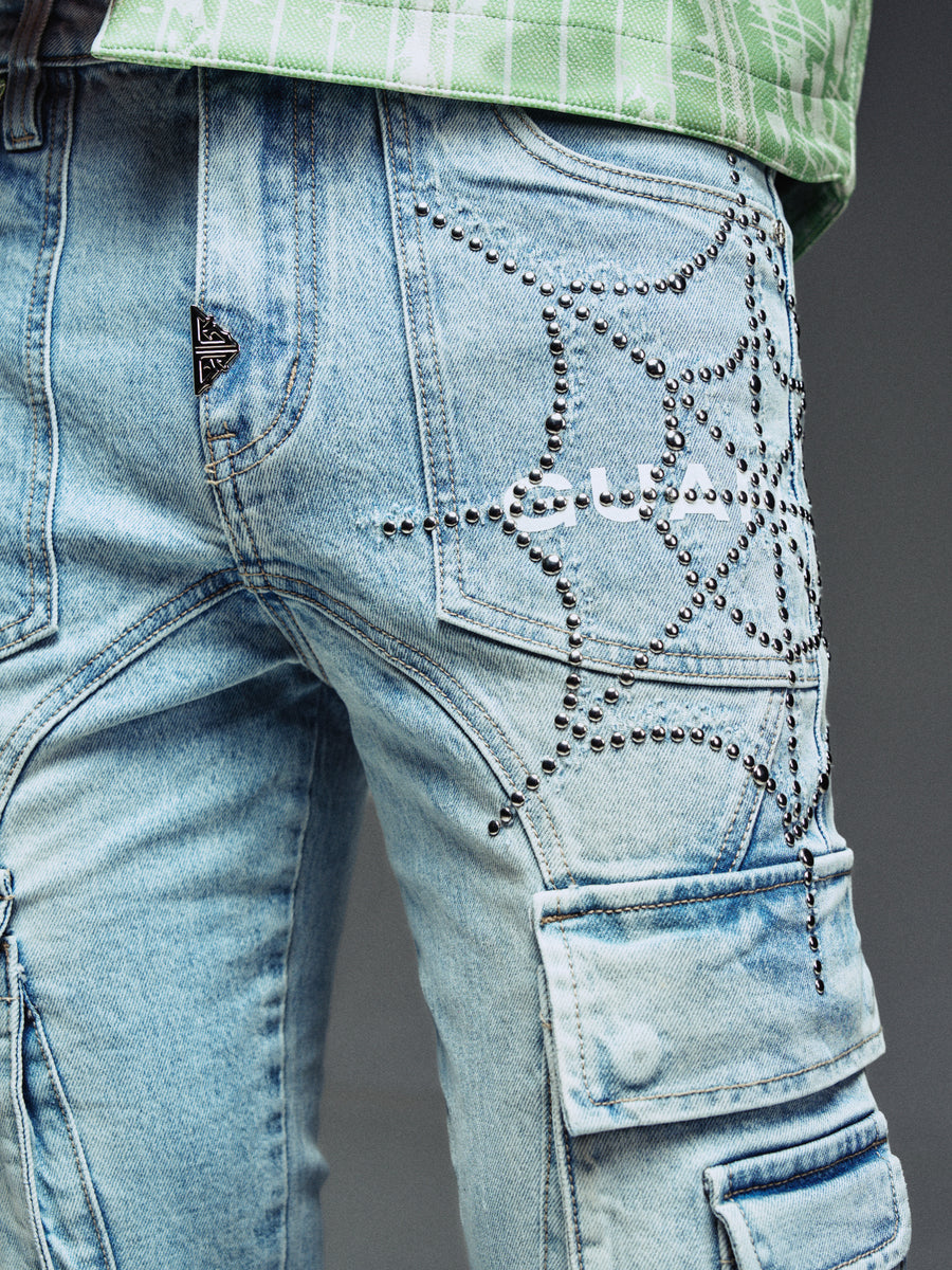 Aqua Blue Spikes Cargo Denim