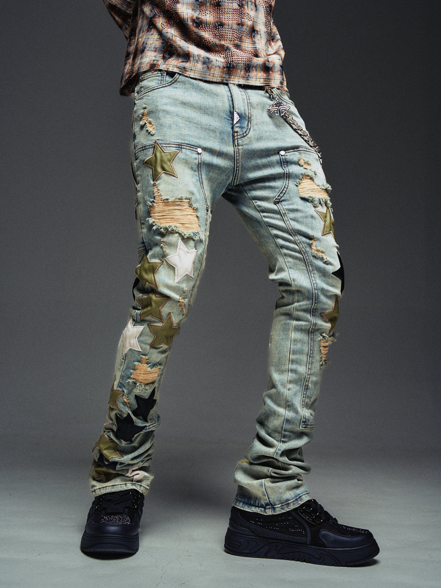 Olive Green Vintage Stars Denim