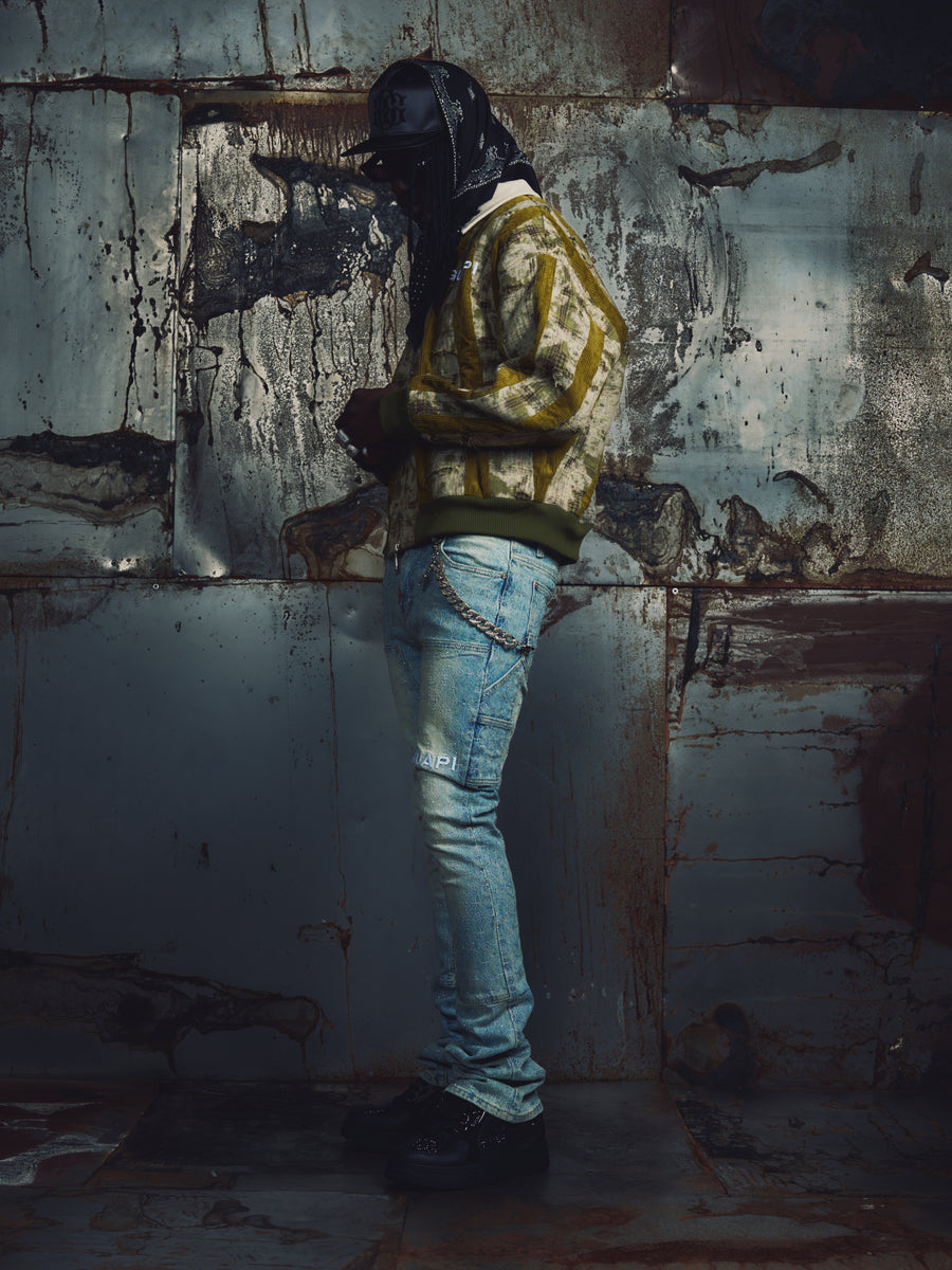Olive Green Destroyed Plaid Bomber