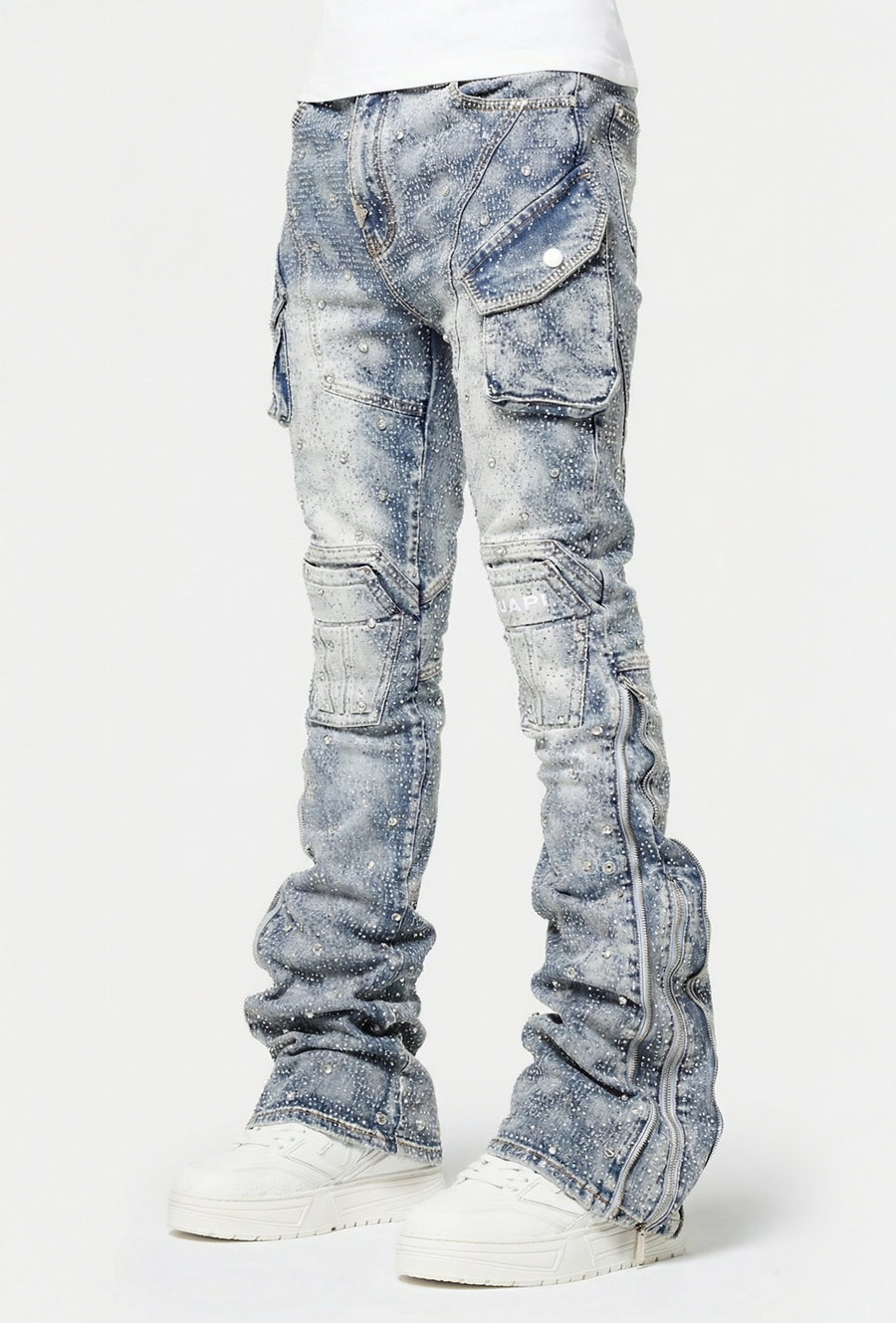 Aqua Blue Coffin Arc Embellished Denim