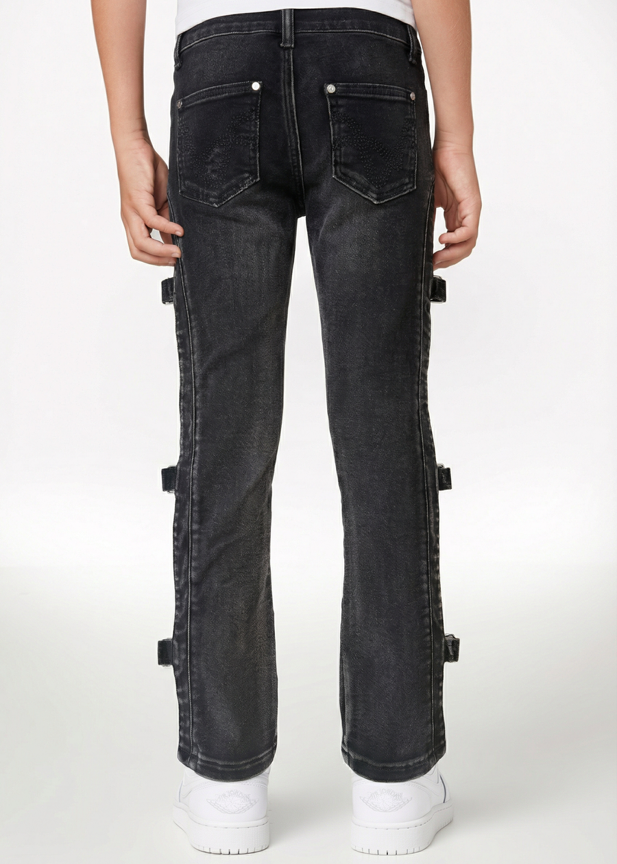 Obsidian Black Cross Buckle Kids Denim