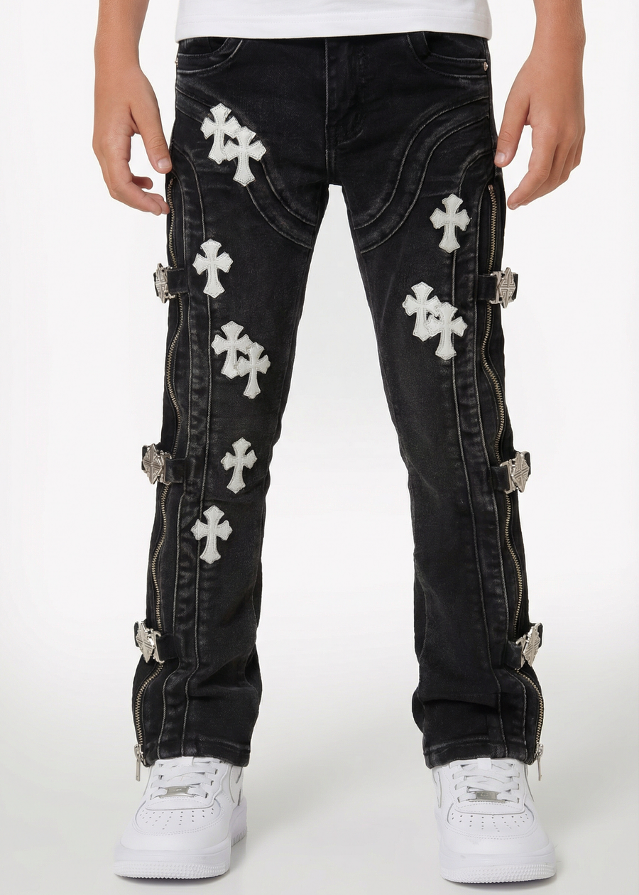 Obsidian Black Cross Buckle Kids Denim