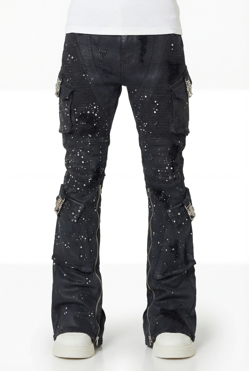 Embellished Black Ops Waxed Denim