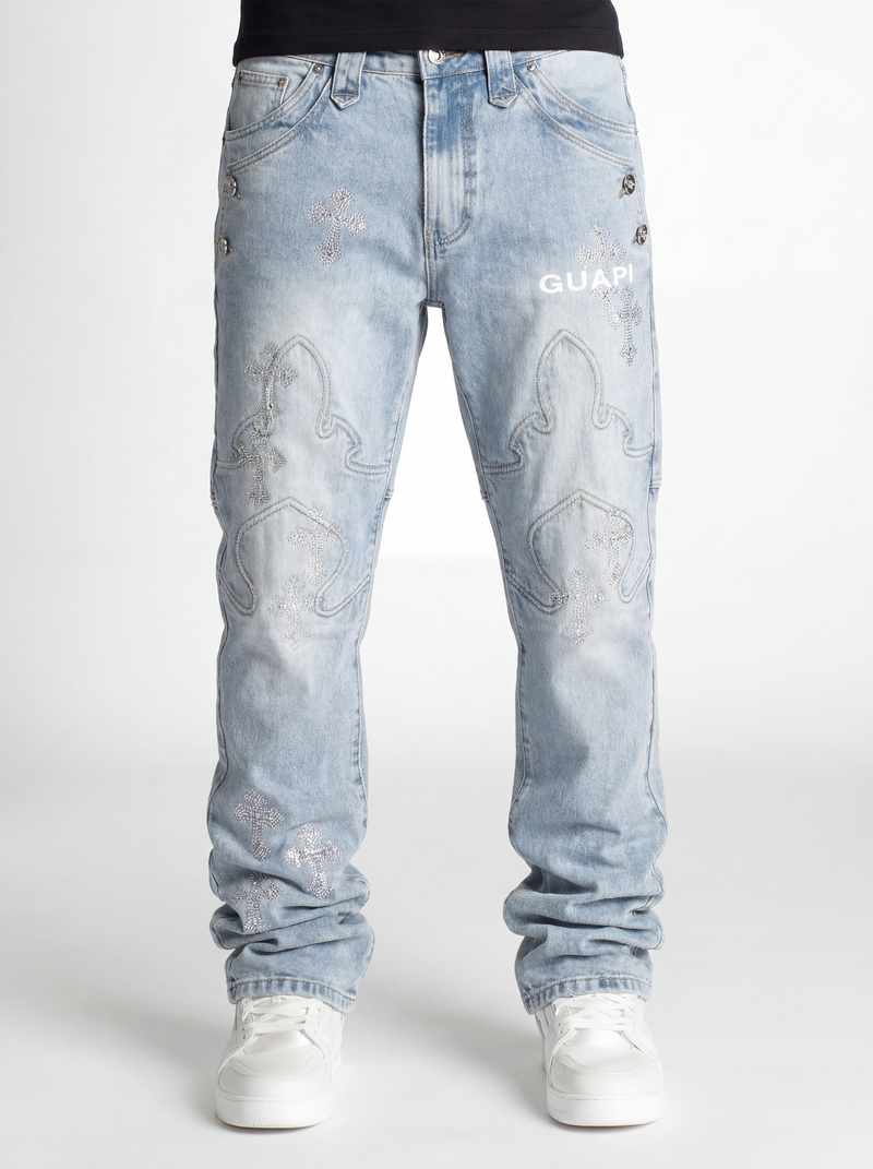 Aqua Blue Cross Straight Leg Denim