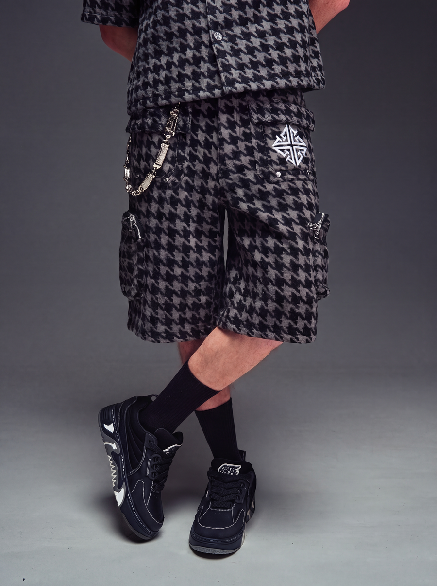 Black Houndstooth Furry Shorts