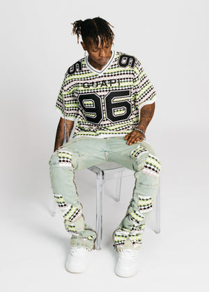 Slime Green Knit Patches Denim