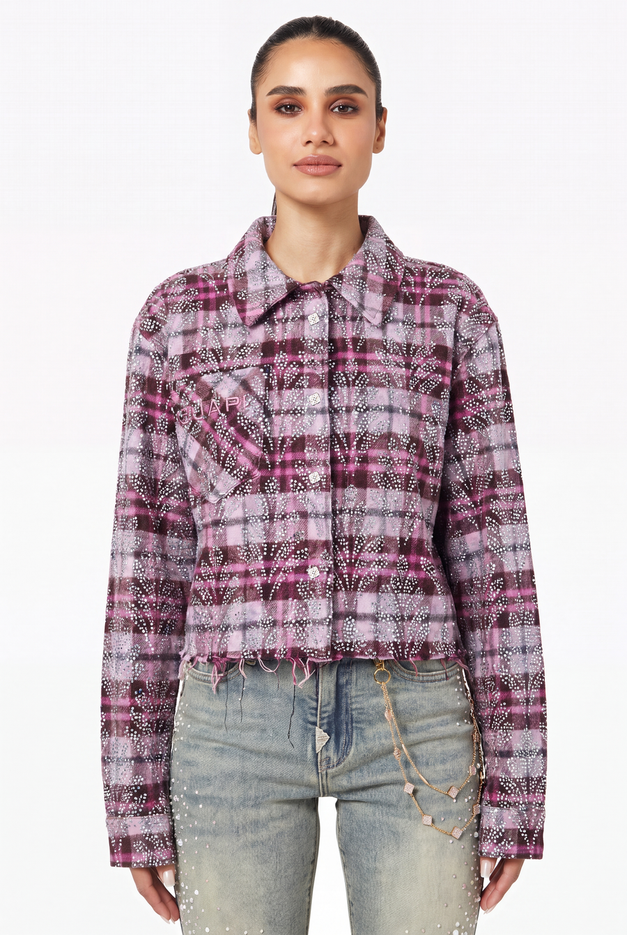 Rose Embellished Cropped Flannel
