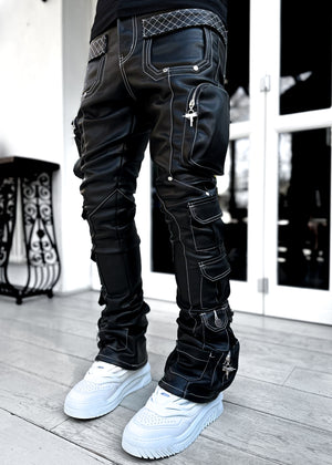 Obsidian Black Contrast Cargo Leather Pant V2