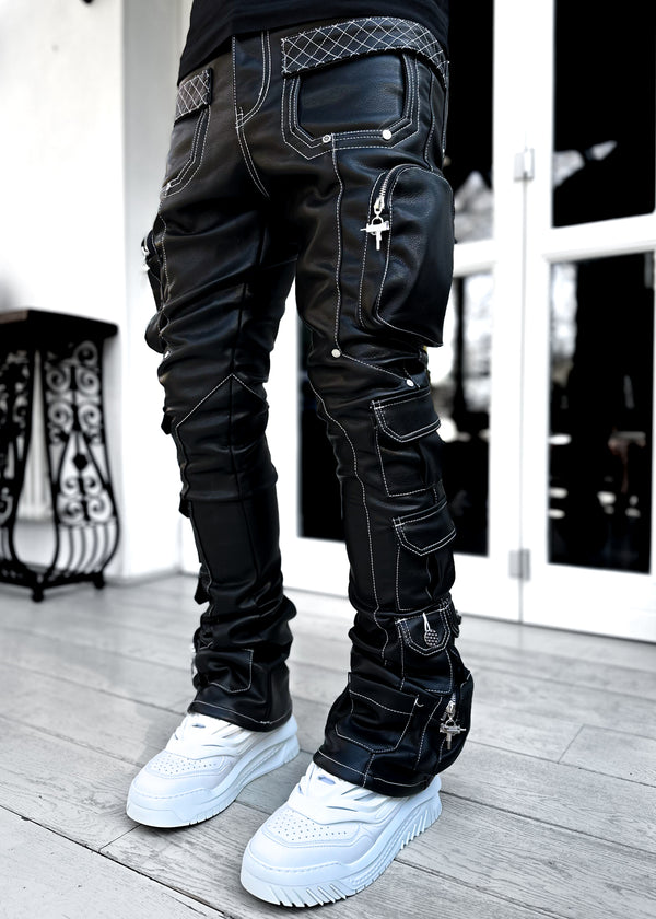 Obsidian Black Contrast Cargo Leather Pant V2 - Guapi Clothing